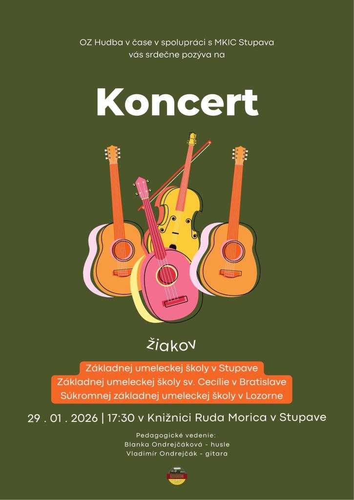 MESTSKÁ KNIŽNICA RUDA MORICA pozýva na koncert žiakov ZUŠ Stupava, ZUŠ sv. Cecílie Bratislava a SZUŠ Lozorno v jej priestoroch,  vo štvrtok 29.1. o 17:30 pod vedením Blanky a Vladimíra Ondrejčákovcov.