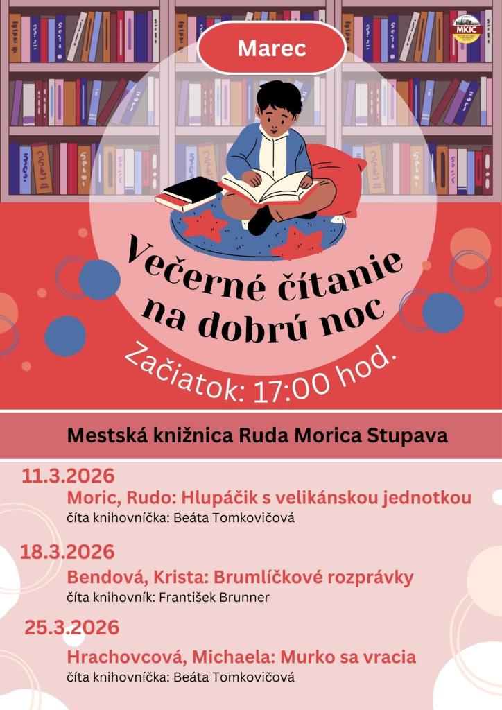 Čítanie na&nbsp;dobrú noc v&nbsp;knižnici každú stredu podvečer o&nbsp;17:00.