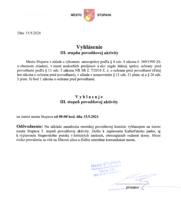 Vyhlásenie povodňovej aktivity 