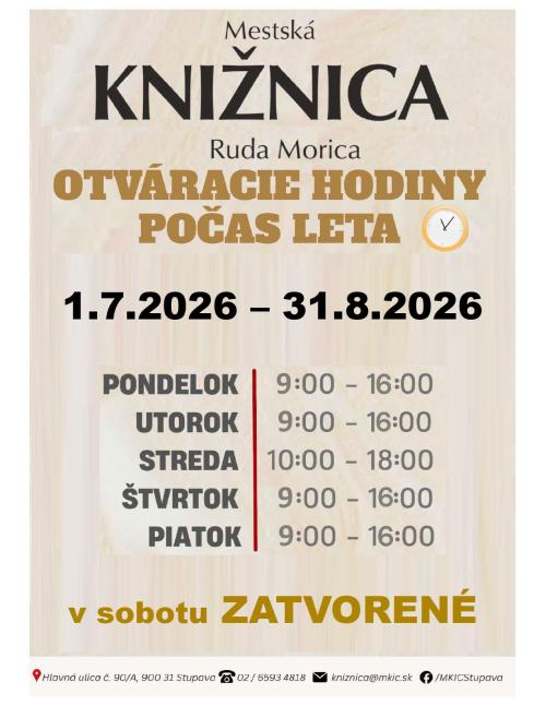 Úprava otváracích hodín knižnice počas letných prázdnin. 