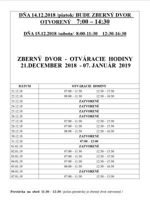 ZBERNÝ DVOR - OTVÁRACIE HODINY