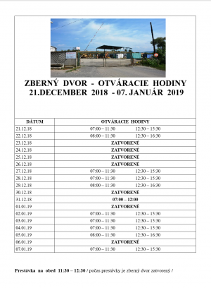 ZBERNÝ DVOR - OTVÁRACIE HODINY DO 7.1.2019