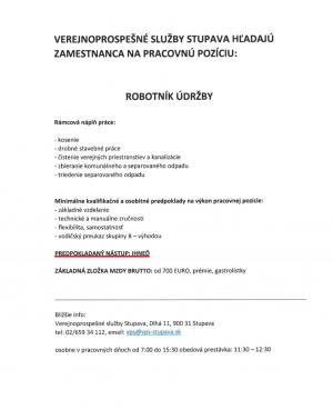 VEREJNOPROSPEŠNÉ SLUŽBY STUPAVA PRIJMÚ ROBOTNÍKA