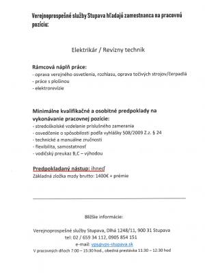 VEREJNOPROSPEŠNÉ SLUŽBY STUPAVA PRIJMÚ ELEKTRIKÁRA