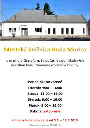PRIPOMÍNAME ZMENU OTVÁRACÍCH HODÍN KNIŽNICE POČAS PRÁZDNIN