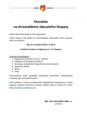POZVÁNKA NA ZHROMAŽDENIE OBYVATEĽOV