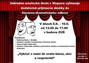 ZUŠ  STUPAVA  VYHLASUJE  DODATOČNÉ  PRIJMACIE  SKÚŠKY 1